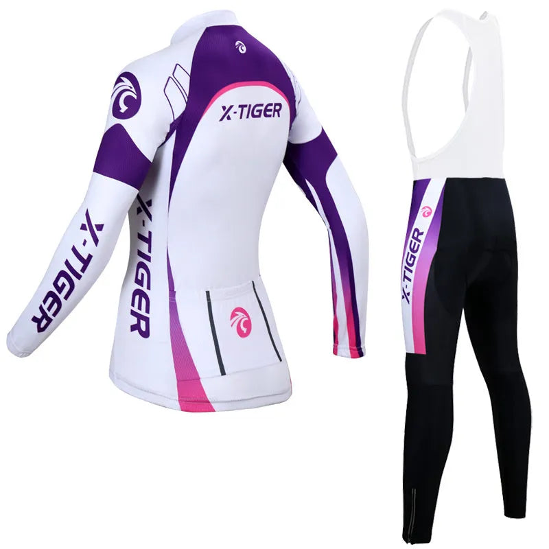 Women's long-sleeve cycling jersey suit in white and purple with full zipper and gel pad