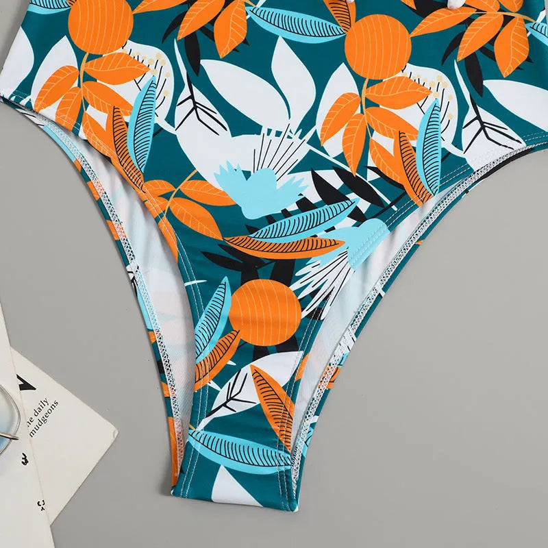 Women's high waist one-piece swimsuit with printed pattern in polyester-nylon quick-drying fabric