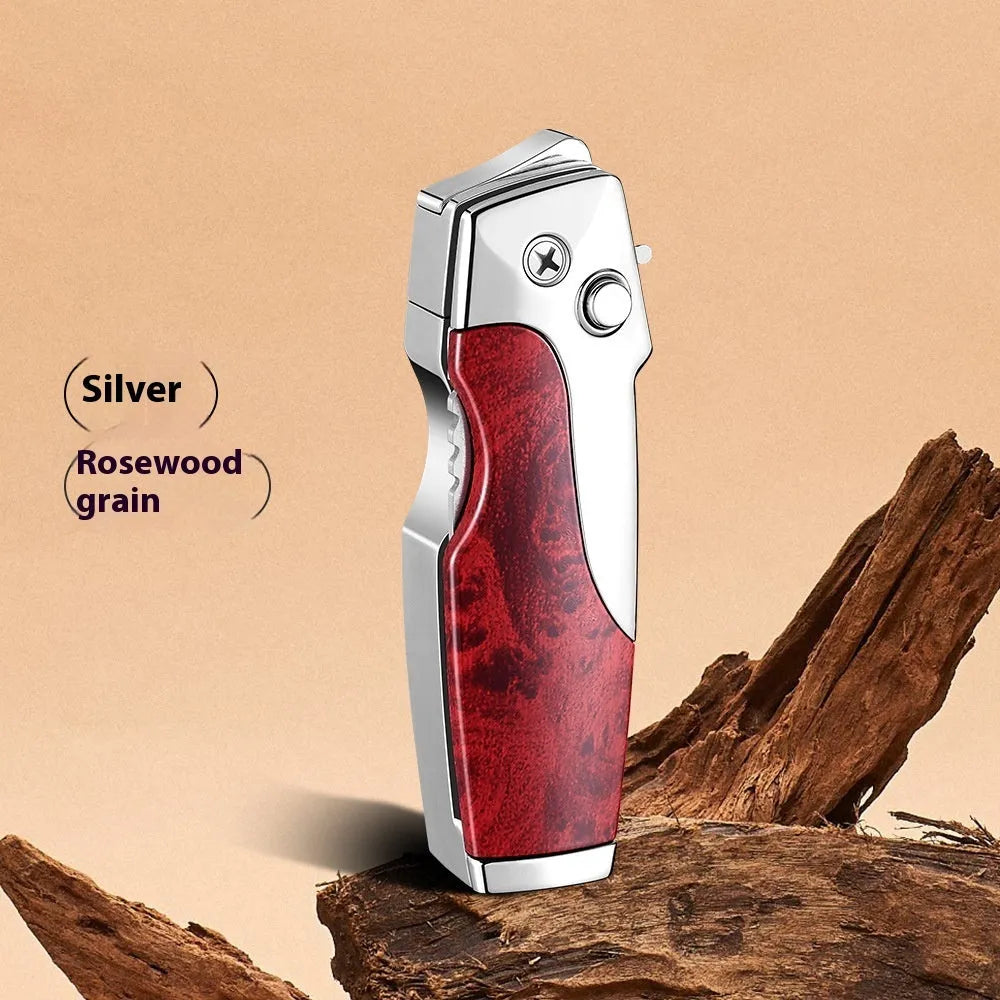 Zinc alloy metal folding lighter with jet flame and knife blade in black brown wood finish