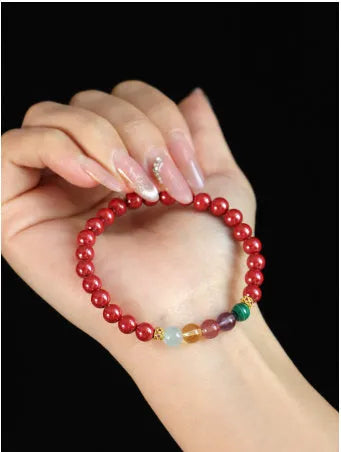 Purple gold cinnabar crystal string bracelet in couple style with handcrafted beads