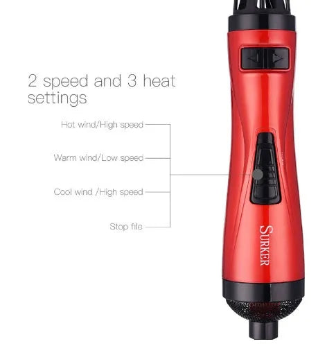 Red EU professional 2-in-1 hair dryer rotary brush with 3-speed temperature control and rotating cord