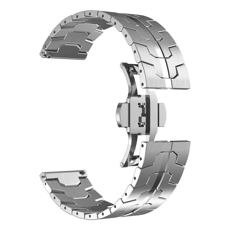 Stainless steel watch band showing silver and black colour options with universal 20mm 22mm sizing