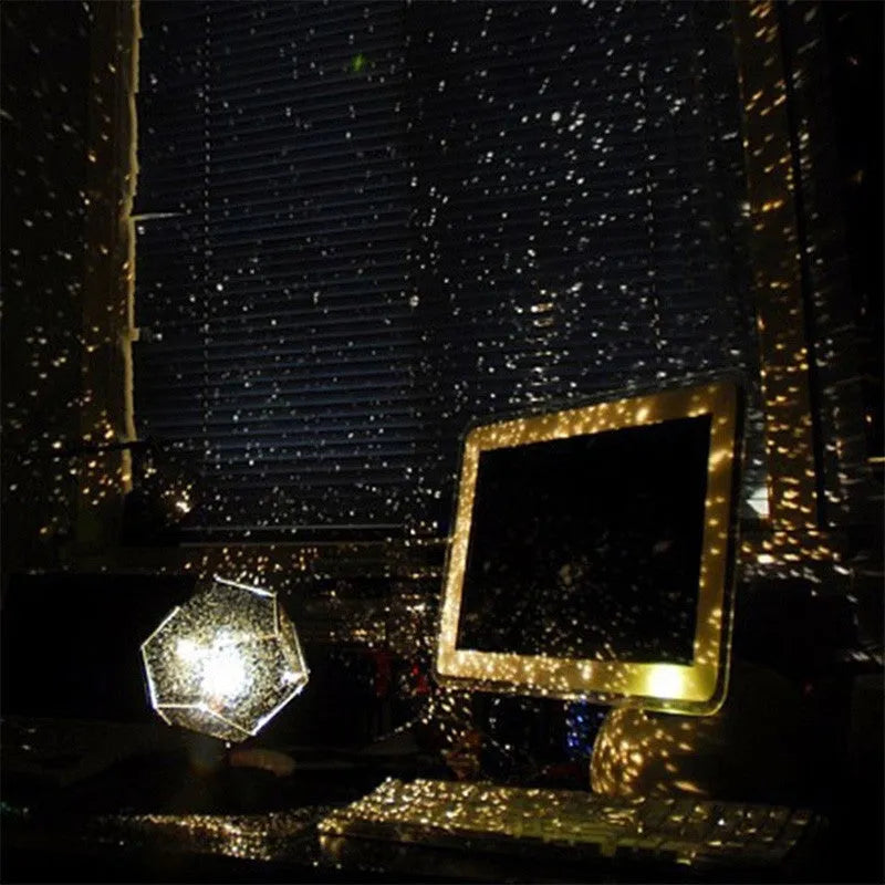 LED starry sky projector showing constellation patterns on bedroom ceiling with remote control