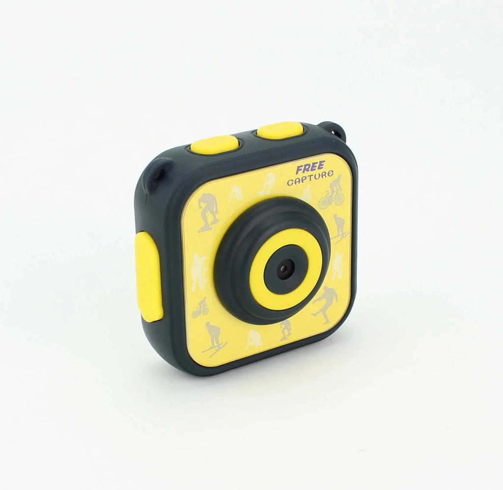 Yellow children's waterproof sports camera showing front view with lens and LCD screen