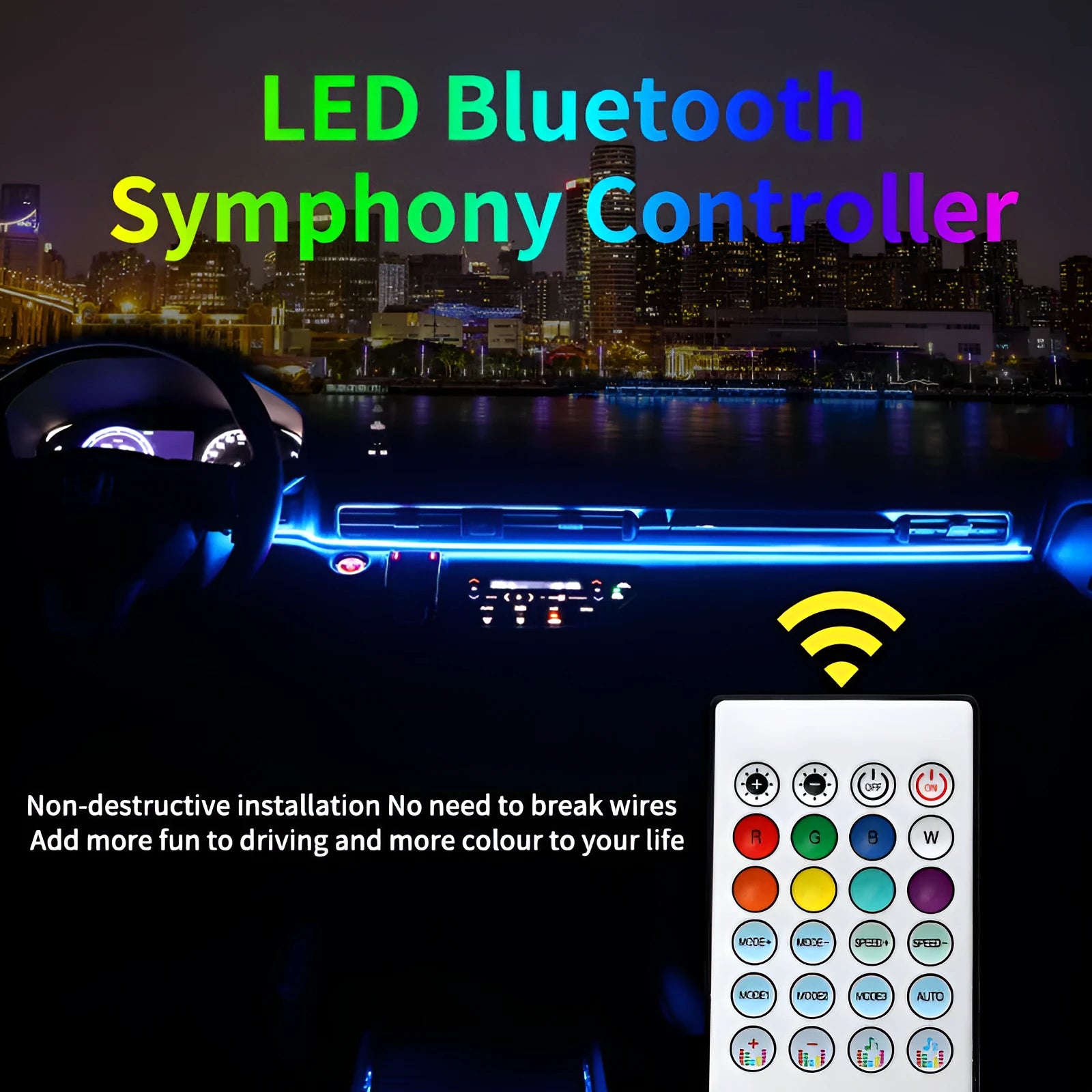 Car interior RGB ambience lighting strips with remote control and aluminium alloy construction