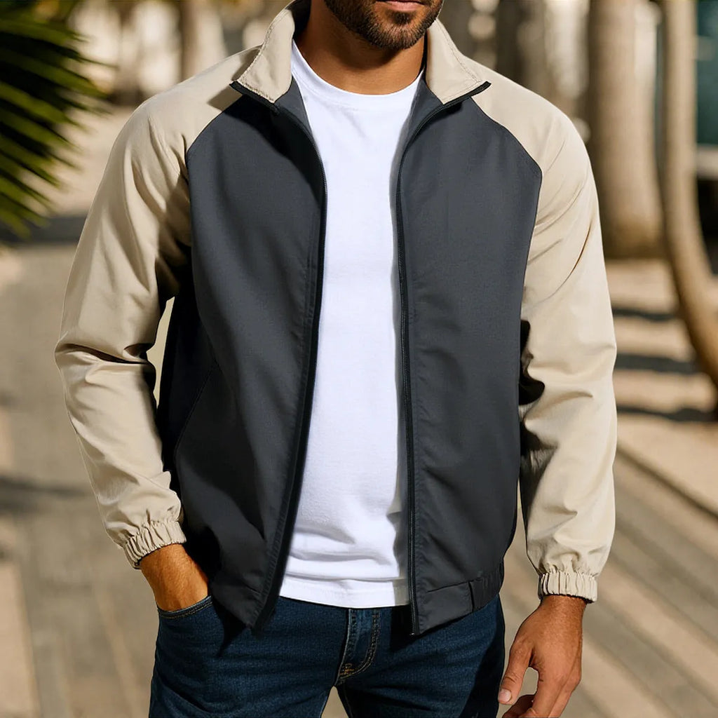 Men's casual stand collar jacket with raglan sleeves in red, khaki, or green colour options