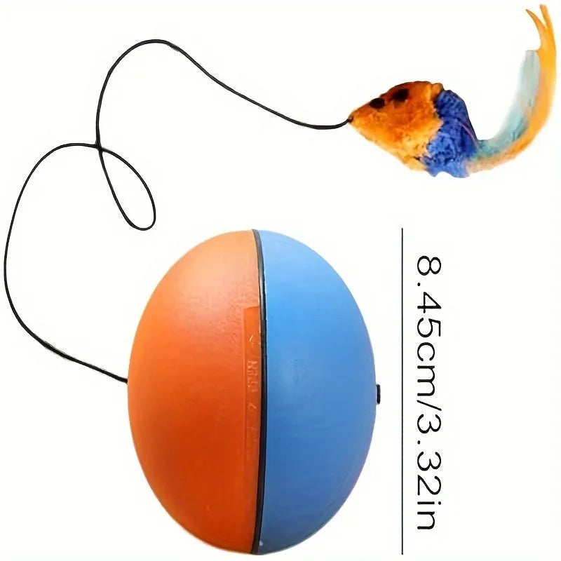 Interactive cat toy ball with attached plush mouse in blue and orange colour options