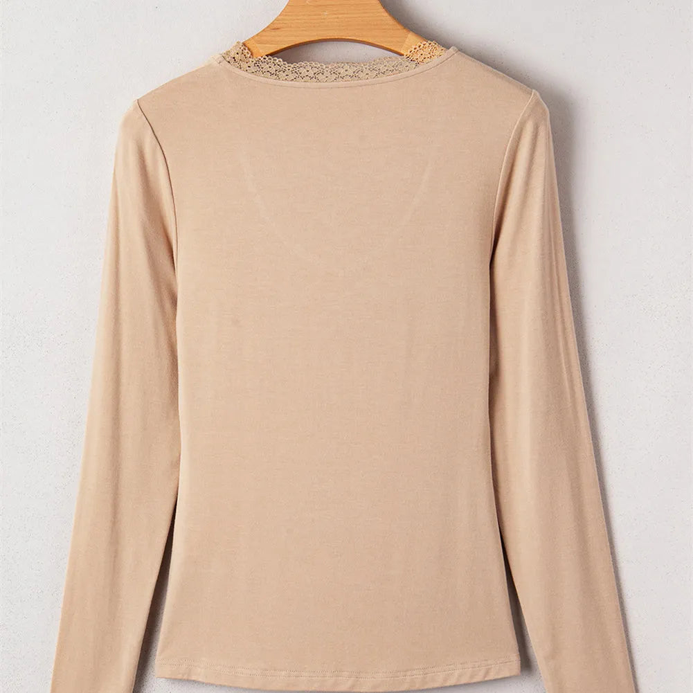 Women's slim fit casual top with lace trim in solid red colour showing long sleeves and Japanese Korean style design