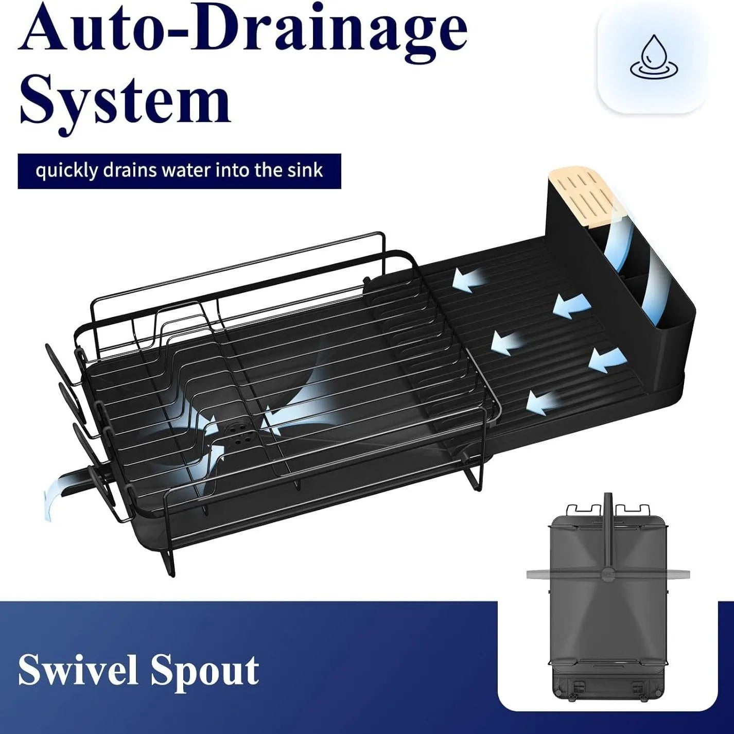 Foldable kitchen dish drain rack with retractable cutlery holder in carbon steel