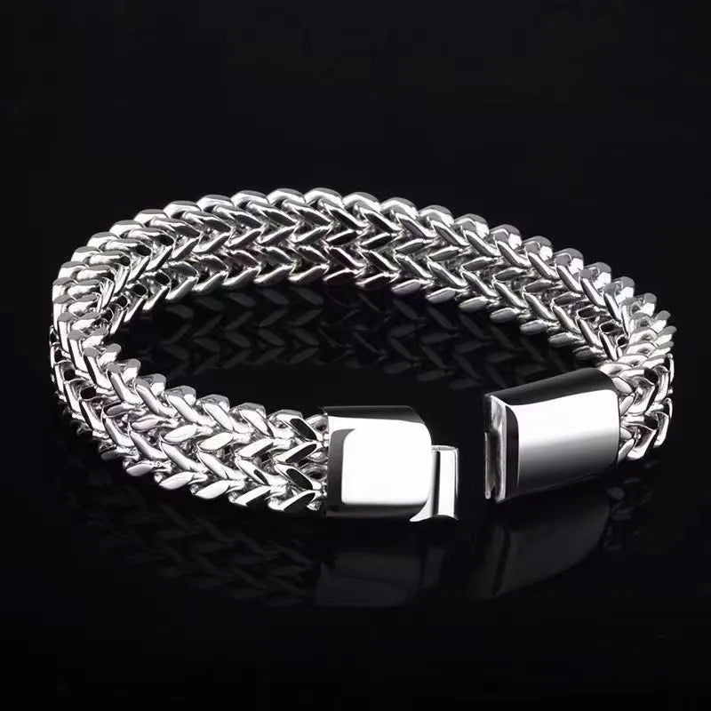 Silver geometric stainless steel bracelet with front and back hip hop design details