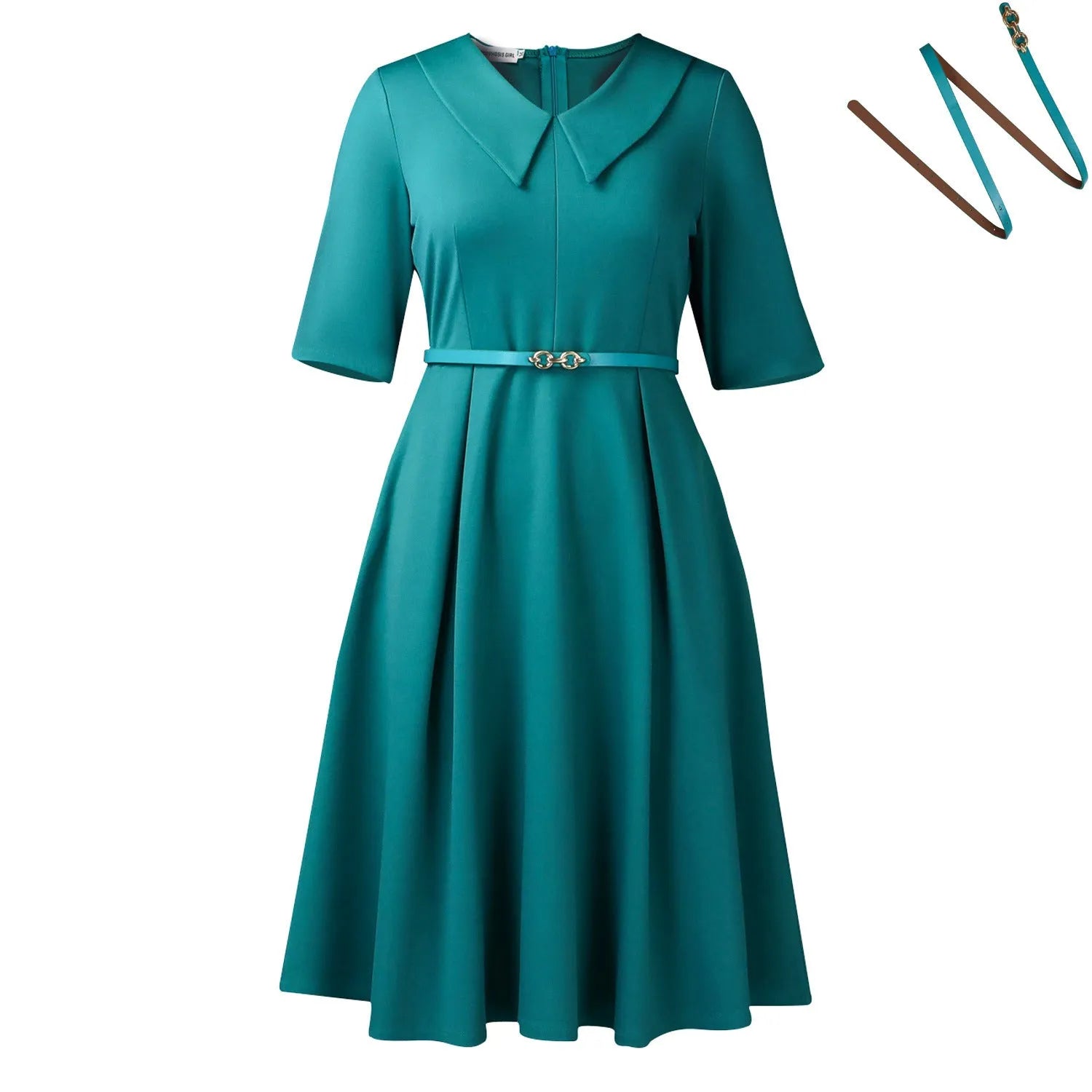 A woman wearing a solid colour African dress with half sleeves and a high waist, featuring a matching belt.