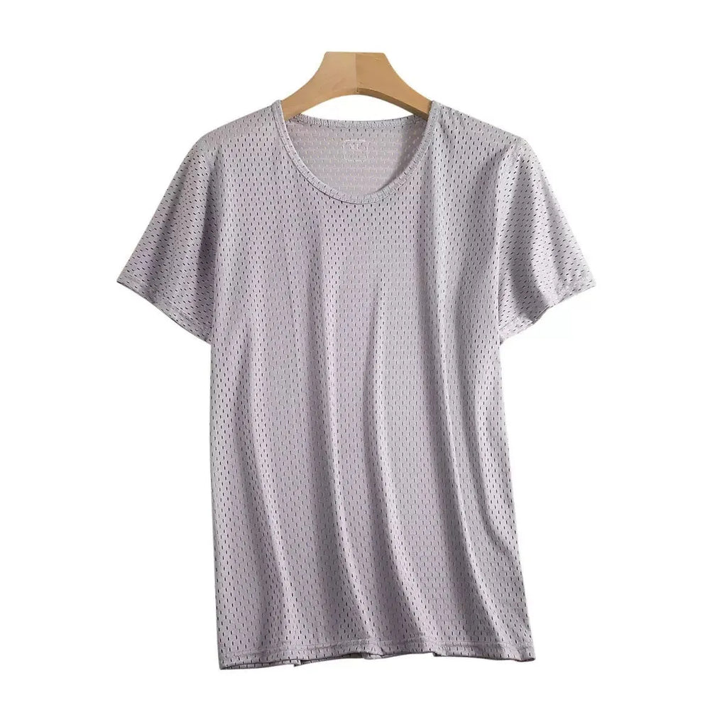 Men's ice silk short sleeve t-shirt in loose fit crew neck design showing ultra-thin mesh fabric texture