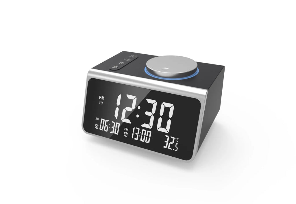 FM radio alarm clock with USB charging port, 3-inch digital display, ABS PC shell, colour box packaging