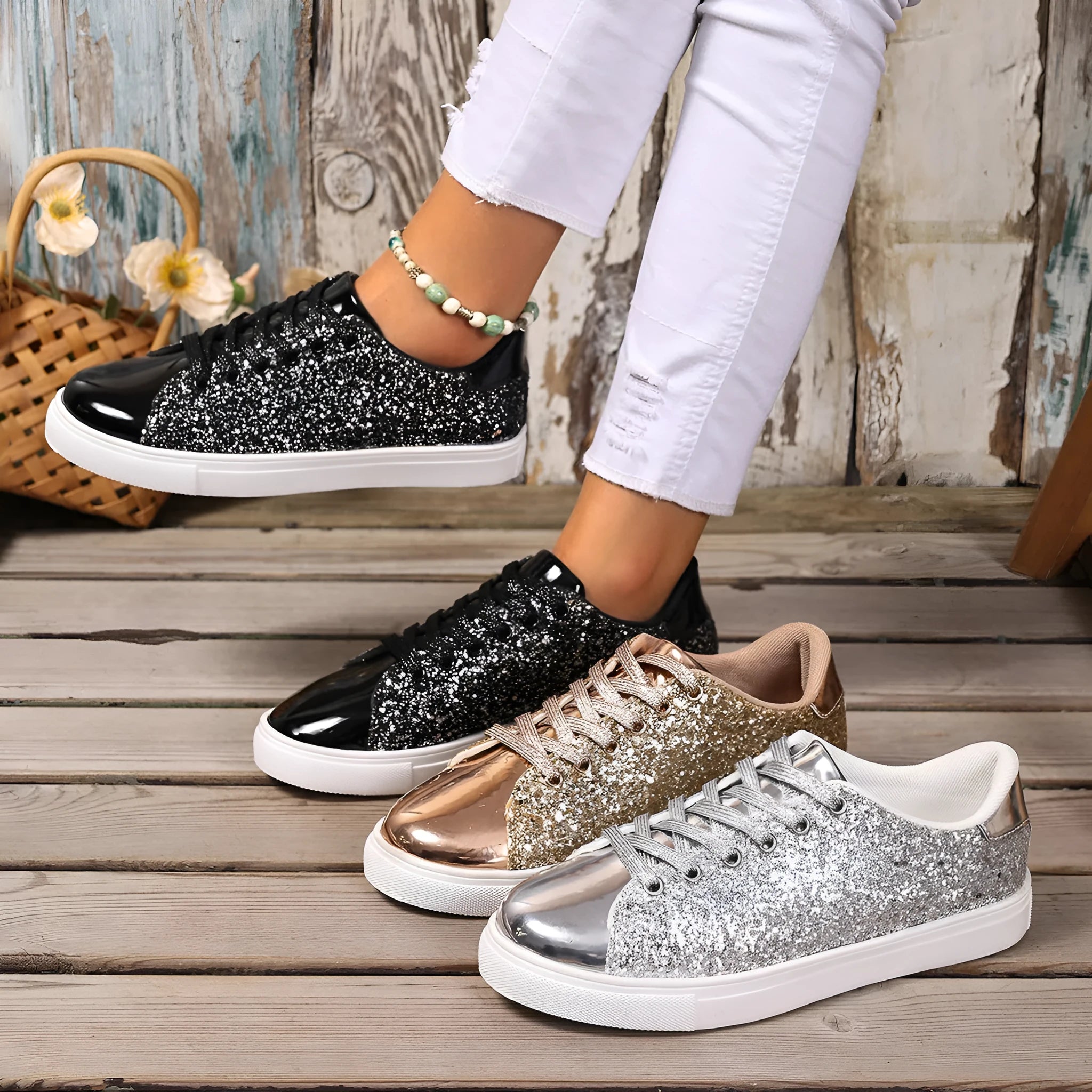Women's plus size sequined board shoes in black with front lace-up fastening and flat rubber sole.