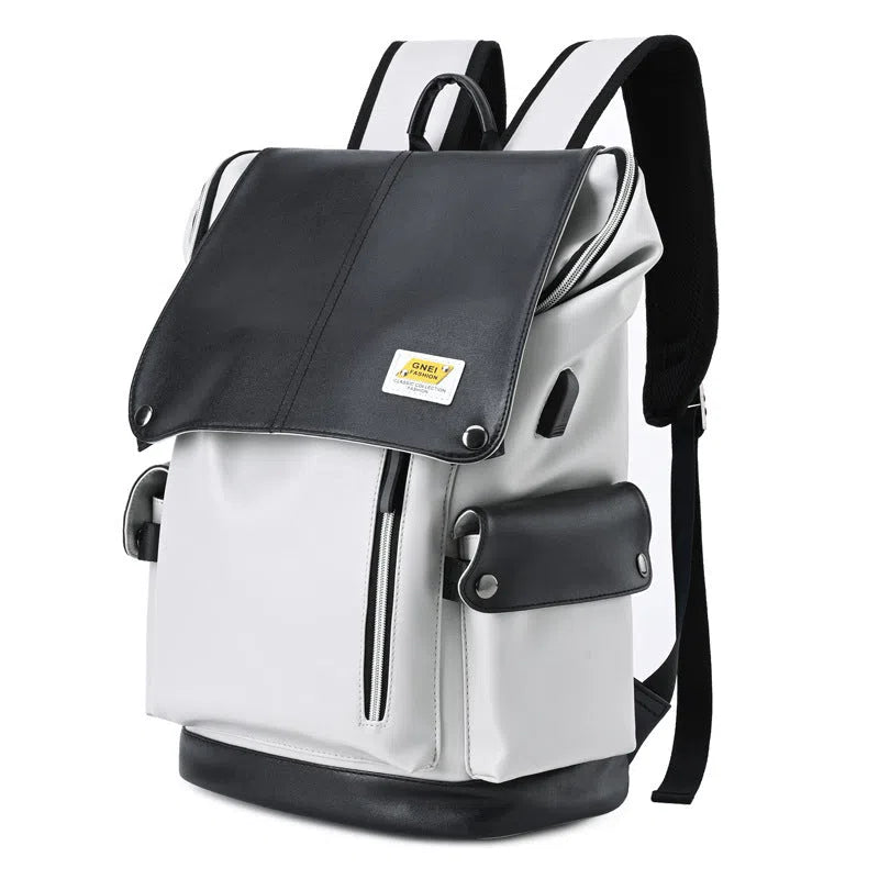 Large-capacity black water-resistant PU leather backpack for students, 16-inch size, featuring curved shoulder straps and solid colour finish