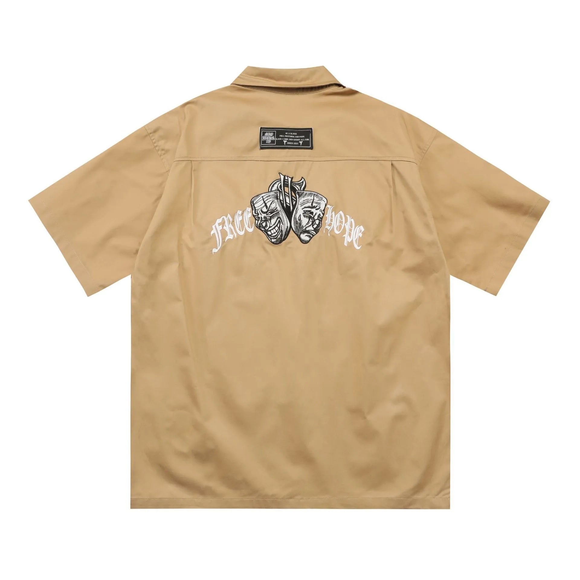 Men's loose fit embroidered cotton blend half sleeve shirt in black and khaki colours
