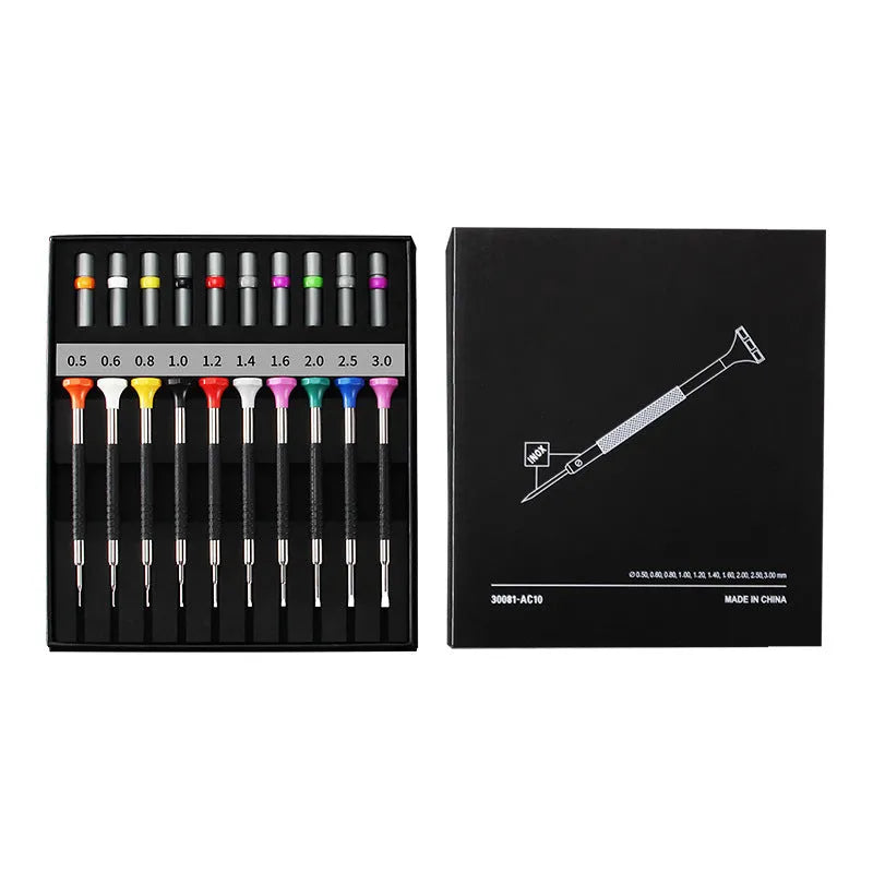 Watch and glasses repair tool kit with 10 screwdrivers and 20 spare drill bits in box