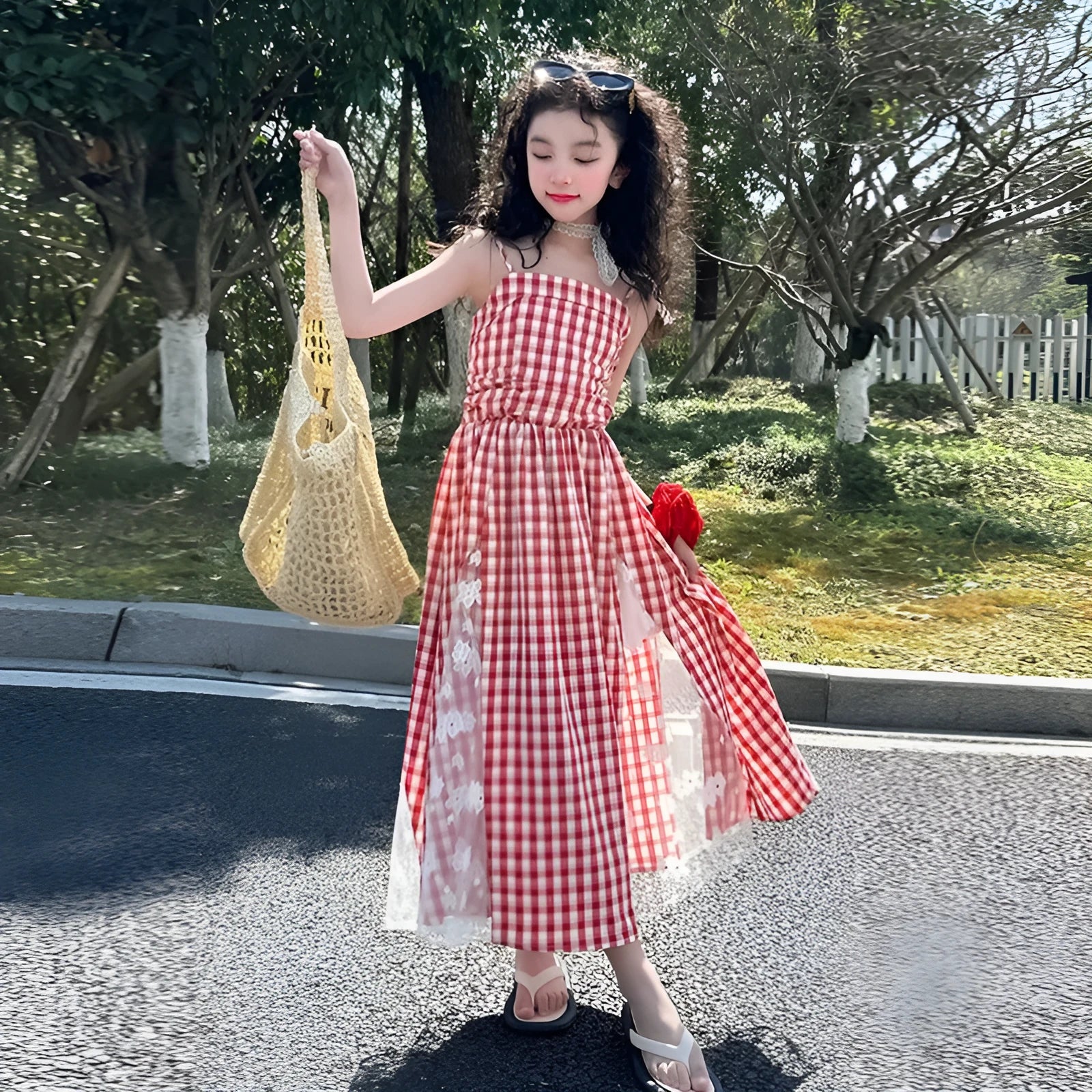 Red plaid non-slip girls dress with lace stitching and cartoon pattern