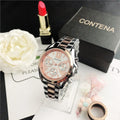 Women's silver and rose gold mesh strap watch with diamond quartz movement and pointer display