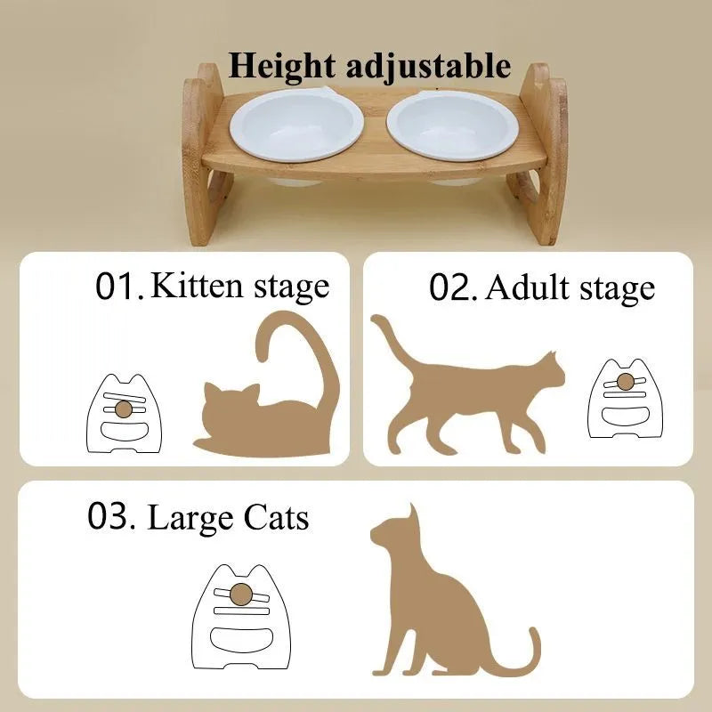 Height adjustable bamboo and ceramic double pet bowl stand with wooden frame, original wood colour, suitable for cats and dogs