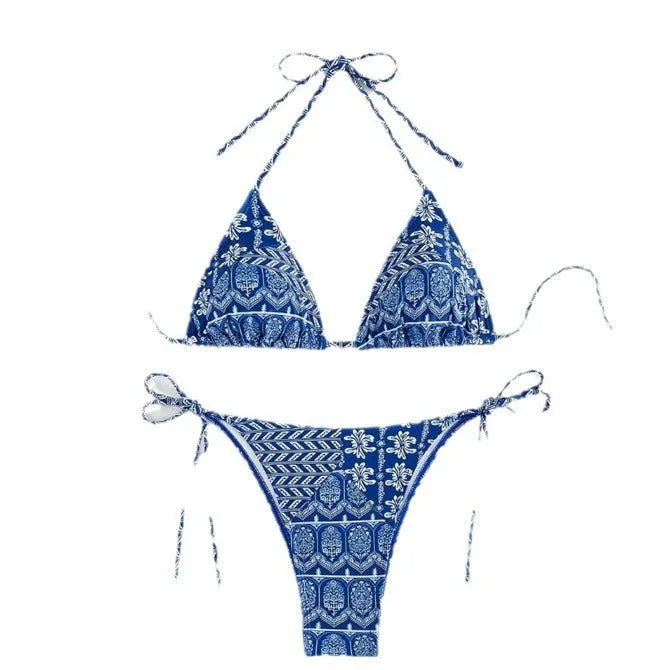 Women's bandage swimsuit with split bikini printing and stitching details in polyester fabric