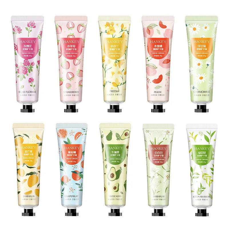30g tube of fruit hand cream for moisturising and nourishing dry skin with multiple fragrance options