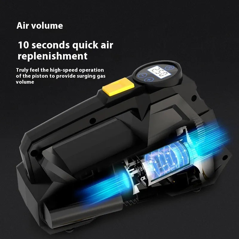 Black portable digital tyre inflator with display and light, shown with its power cord and hose.