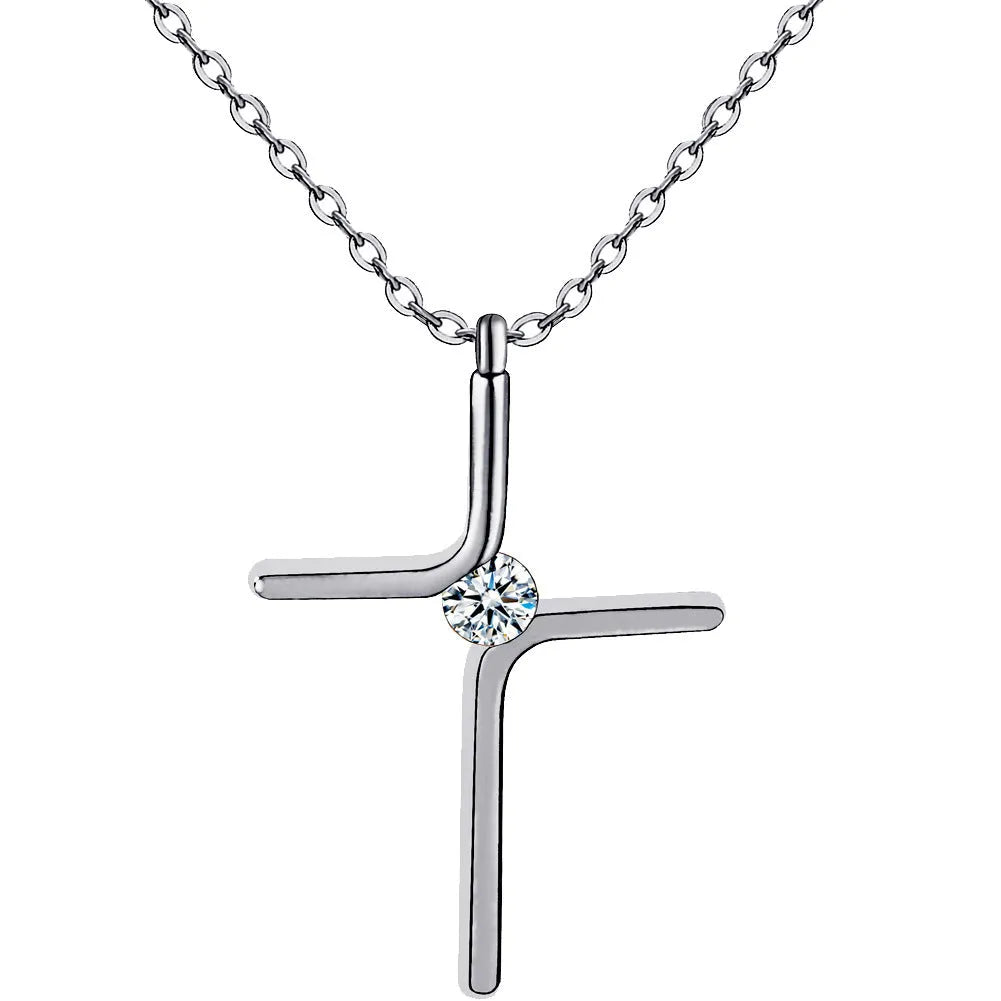 Titanium steel cross pendant necklace with inlaid gold finish and water wave chain, silver colour option