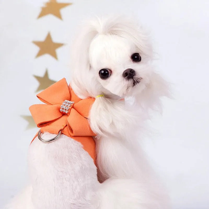 Cute fashion bowknot puppy chest strap harness in microfiber material showing colour options