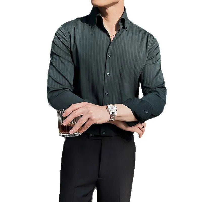 Men's dark striped V-neck long sleeve shirt in polyester blend fabric for spring and autumn wear