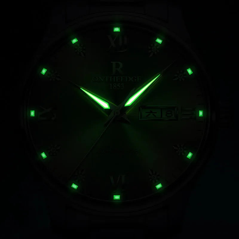 Waterproof luminous business mechanical watch with Swiss movement, stainless steel strap, and mineral glass mirror