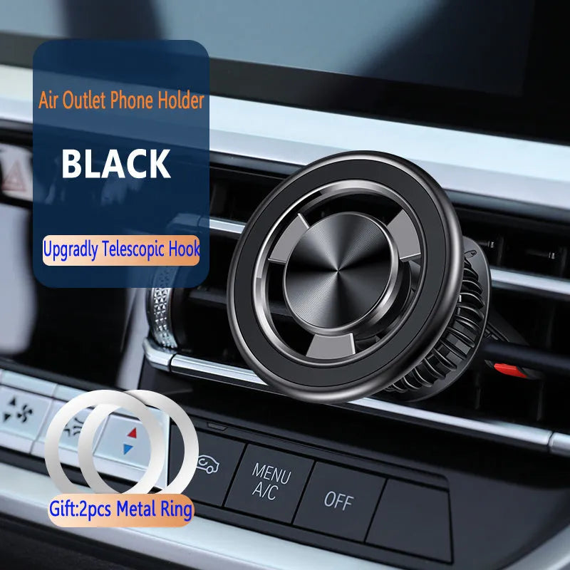 Black car air vent magnetic phone bracket attached to dashboard vent with smartphone mounted