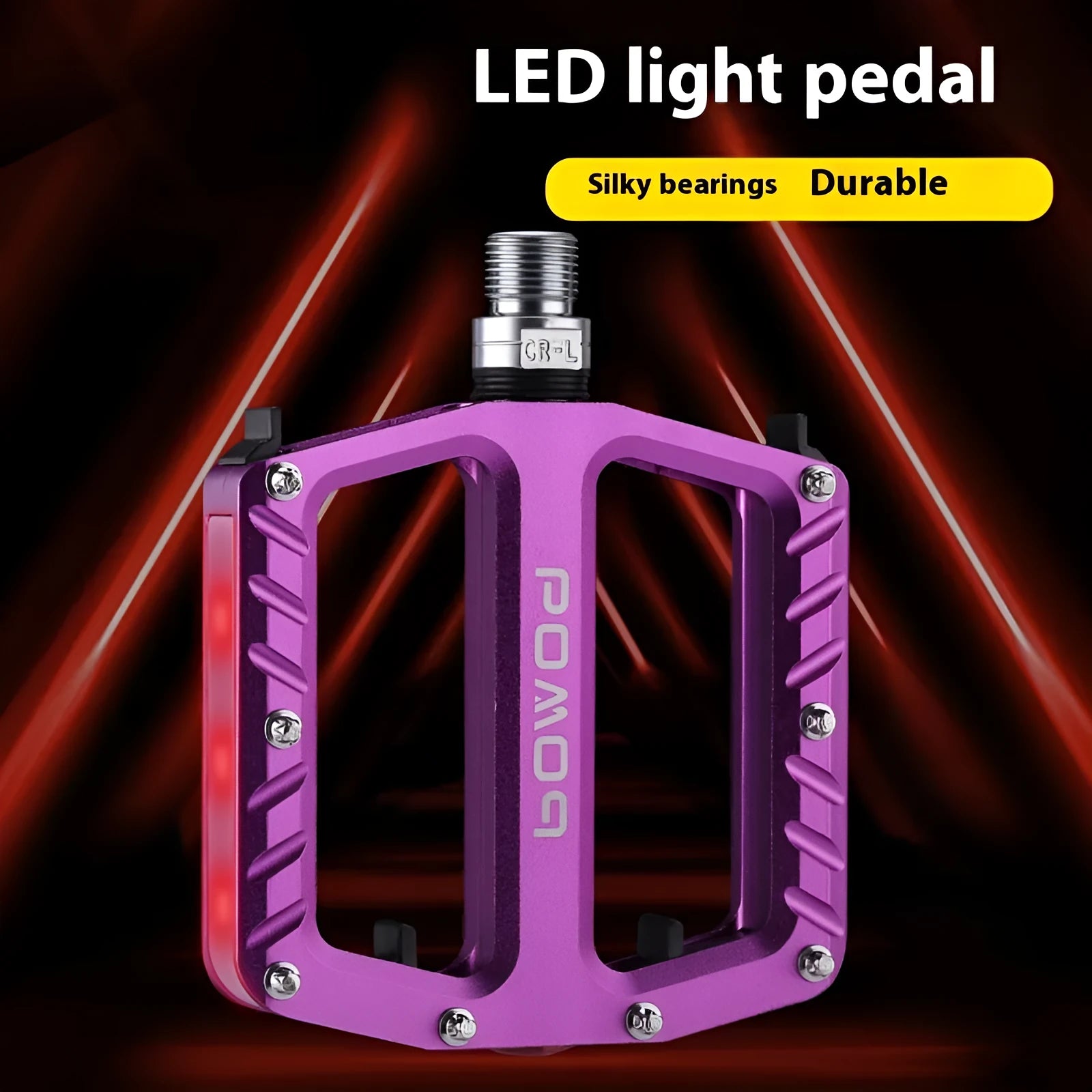 Aluminium alloy bicycle pedals with built-in 710LED lights in black, gold, purple, red, and titanium colour options.