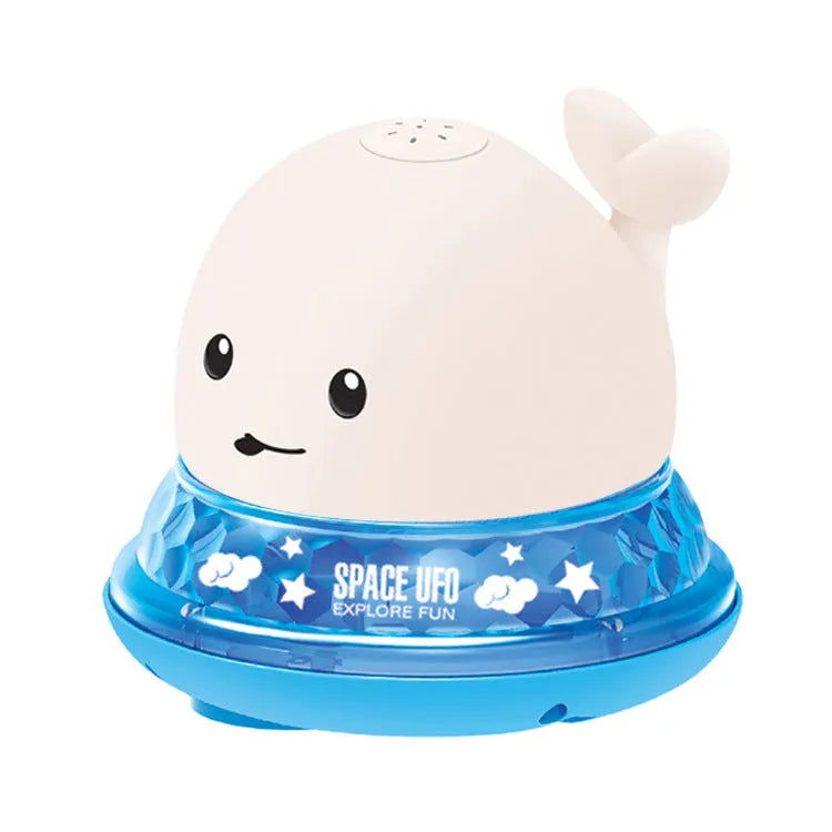 Grey and white whale bath toy with water spray, LED lights, and automatic water-sensing activation