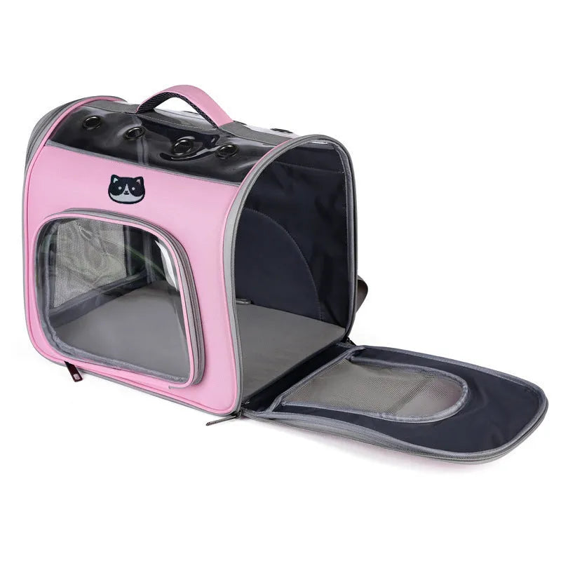 Portable transparent hard shell pet bag in blue, 35L capacity, polyester build for cats and dogs