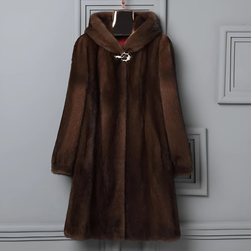 Women's black artificial fur hooded winter coat with street fashion styling