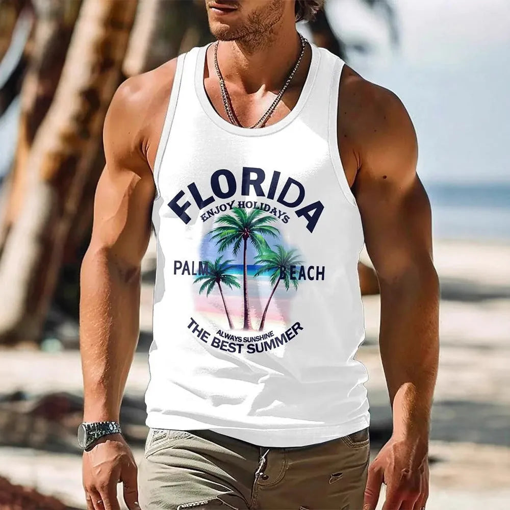 Man wearing a solid-colour 3D printed sleeveless vest in a casual Hawaiian style.