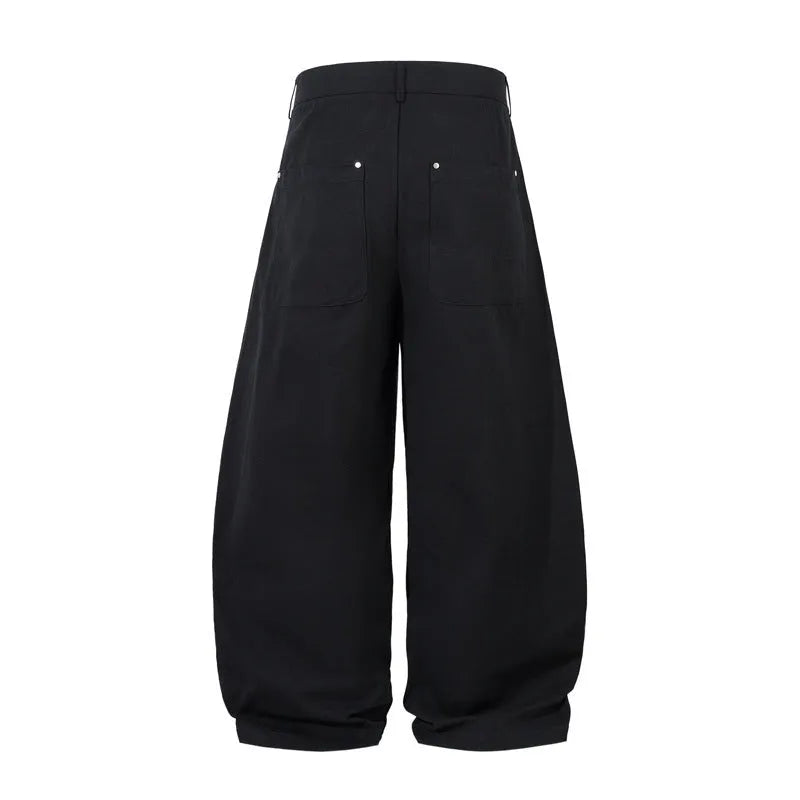Men's black pleated casual trousers with wide-leg loose-fitting design in cotton fabric