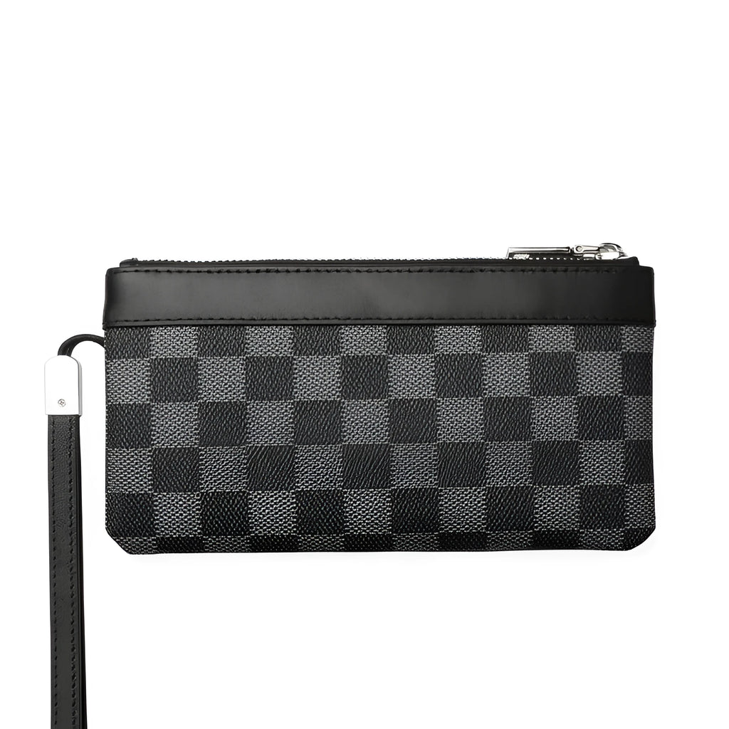 Men's black genuine leather clutch wallet showing front pocket profile and interior polyester lining