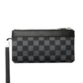 Men's black genuine leather clutch wallet showing front pocket profile and interior polyester lining