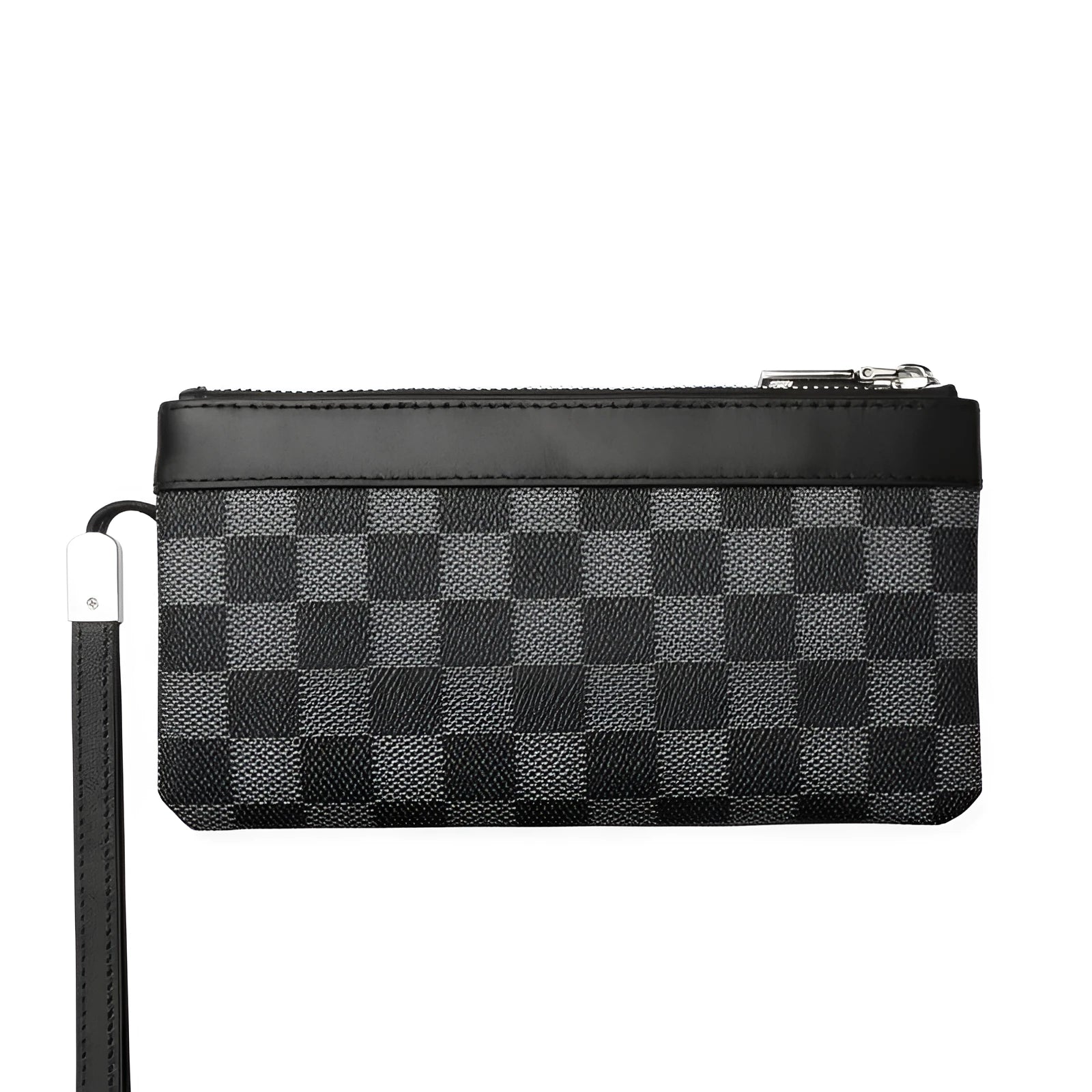 Men's black genuine leather clutch wallet showing front pocket profile and interior polyester lining