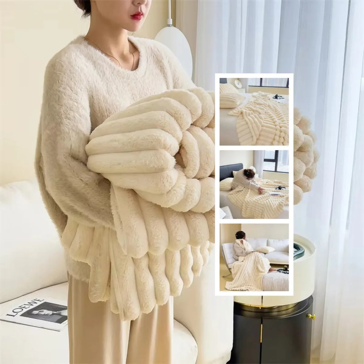Soft Wind bubble velvet faux rabbit fur blanket in a solid colour, showing double-sided thick texture.