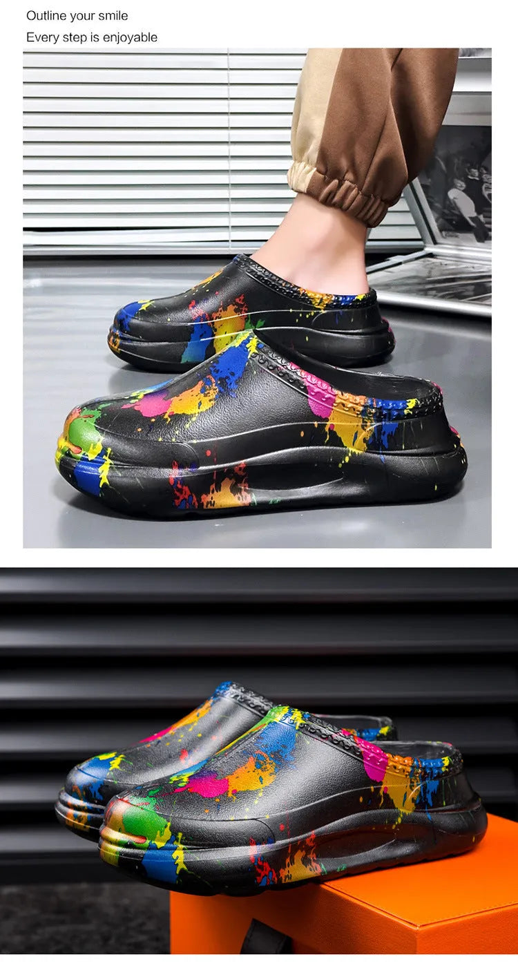 Men's black waterproof EVA work slippers with a toe cap and textured grape particle sole.