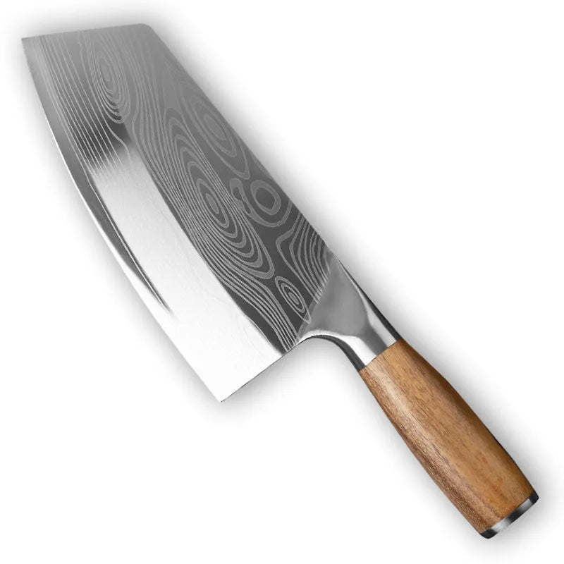 A stainless steel kitchen knife with a 320mm blade on a cutting board.