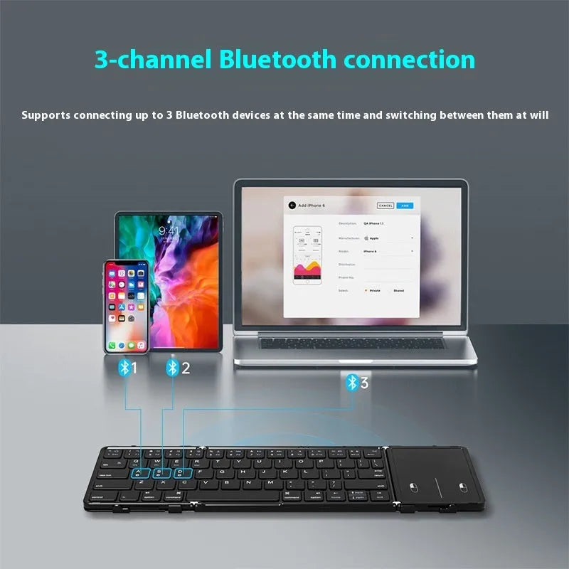 Black folding Bluetooth keyboard for mobile phones and tablets showing compact folded design