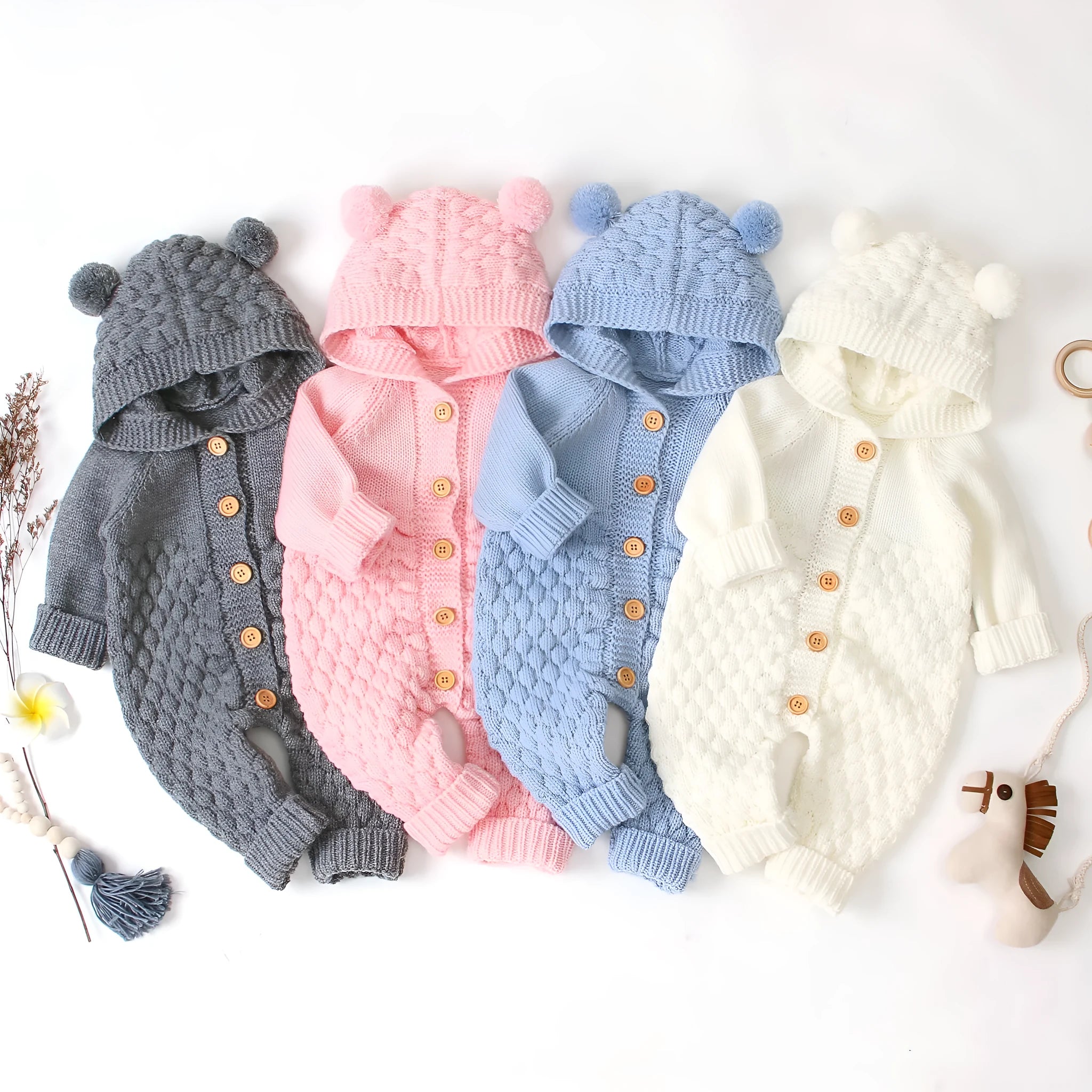 Hooded knitted jumpsuit unisex long sleeve casual 100% acrylic knit blue front view