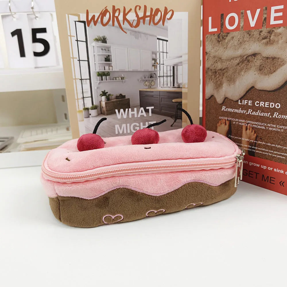 Cherry cake plush velvet pencil case Korean style design for pen storage
