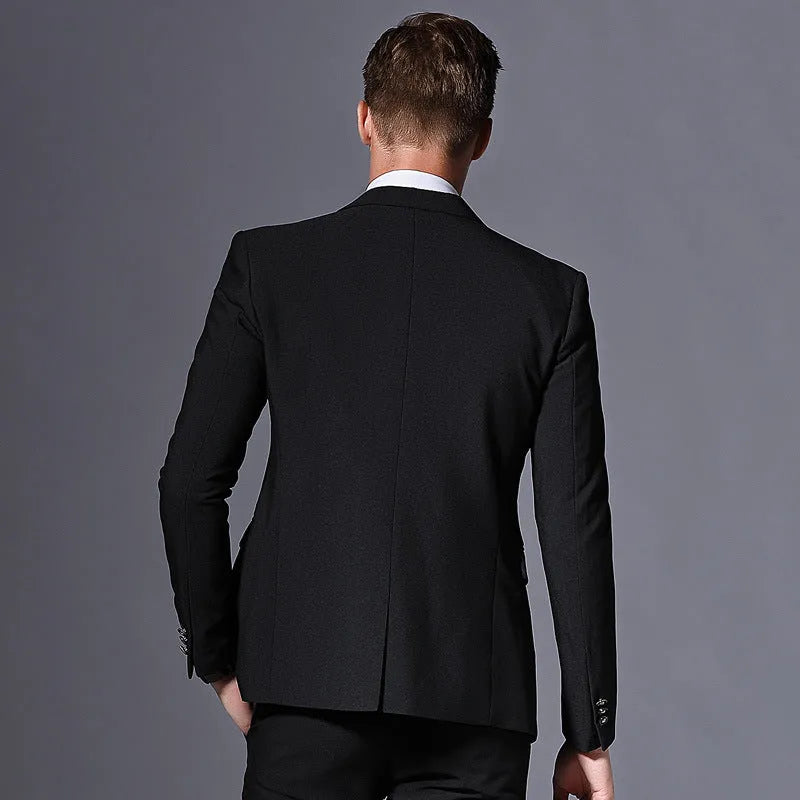 Men's slim fit three-piece suit set in black, acetate fibre blend, flat collar, back slit, size 48