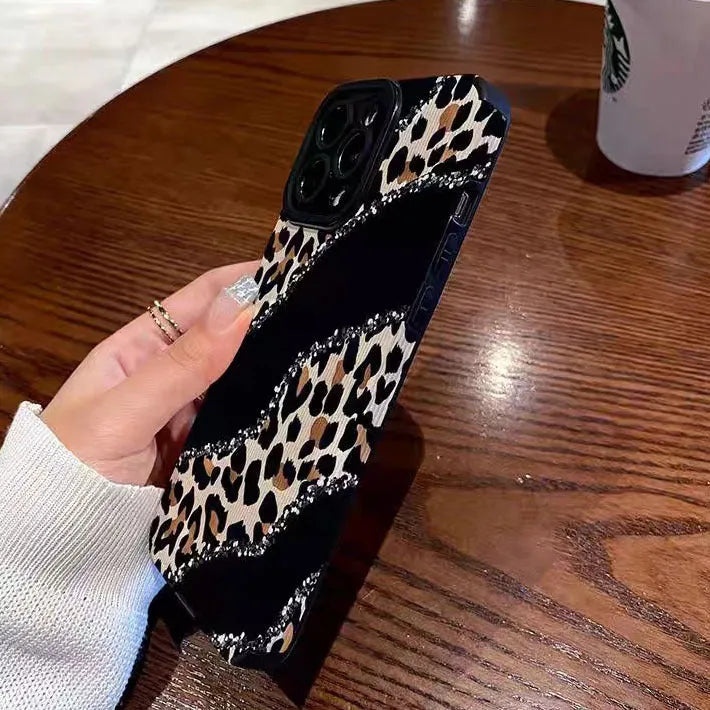 Black stitching leopard print imitation leather drop-resistant phone case for Apple iPhone models