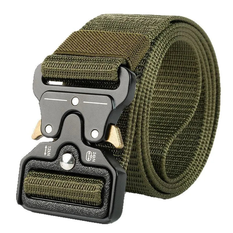 Men's thick canvas tactical belt with alloy quick-release buckle in army green colour